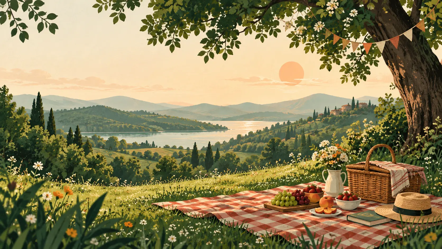 Concept 2 Sidequests illustration of a picnic beside a lake at sunset